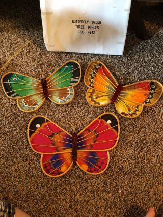 Vintage Set Of 3 Hand - Painted Fabric Butterflies With Wooden Rims Wall Art