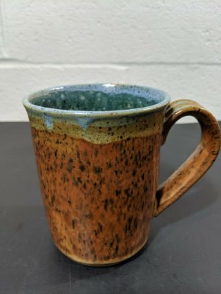 Handmade Turquoise Blue Brown Speckled Stoneware Pottery Mug Signed Boho