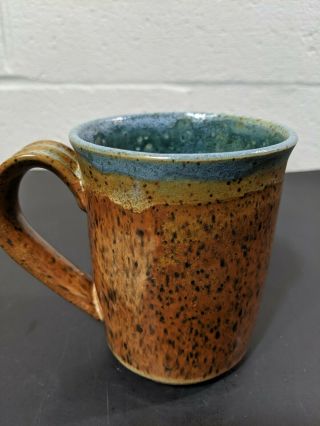 Handmade Turquoise Blue Brown Speckled Stoneware Pottery Mug Signed Boho 2