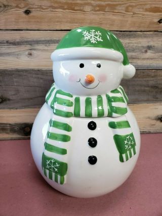 Green And White Ceramic Snowman Cookie Jar 12 " Tall - Sweet