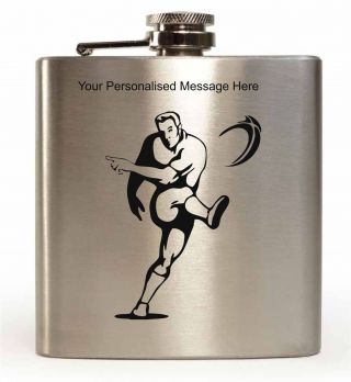 Personalised Laser Engraved 6oz Stainless Steel Hip Flask - Rugby Player Design