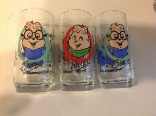 1985 Alvin And The Chipmonks Set Of 3 Glasses One Theodore & Two Simon
