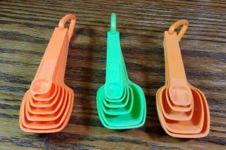 Vintage Tupperware - Set Of 3 Measuring Spoons - Orange & Green Nested