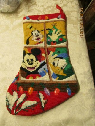 19 " Needlepoint Christmas Stocking Disney With Mickey Mouse Goofy Donald Duck