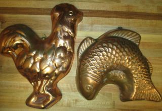 Vintage Copper Jello Molds Chicken And Fish,  Made In Korea