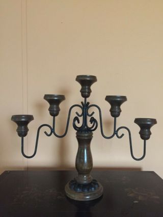 Large Vintage Wrought Iron And Wood Decorative Candlebra/ Candlestick Holder
