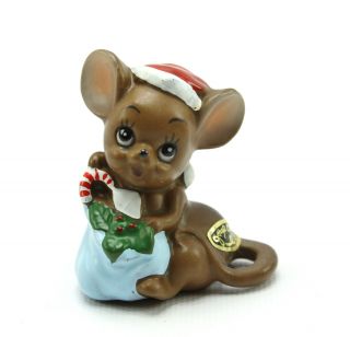 Vintage Josef Originals Christmas Mouse & Santa Hat Blue Bag Figurine Japan