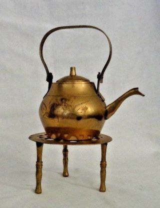 Miniature Brass Kettle Decorated On Ornate Stand Doll House Tea Pot Kitchenalia
