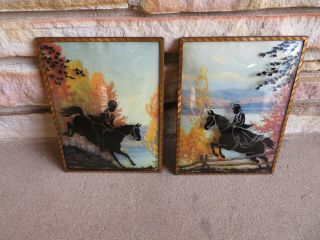 2 Vintage Silhouette Reverse Painting On Convex Glass Horse Riding