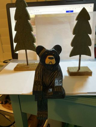 Collectible Wooden Bear,  Shelf Sitter With 2 Pine Trees