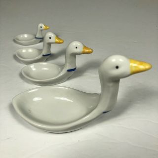 Set Of 4 Vintage Porcelain Ceramic Glass Goose Swan Measuring Spoons