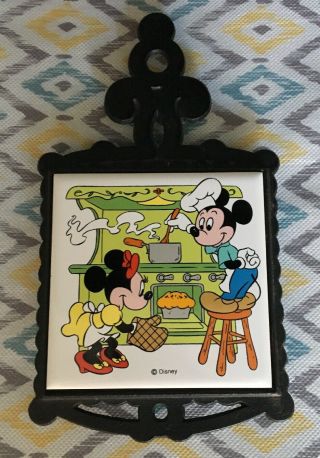 Vintage Disney Mickey Minnie Mouse Cast Iron Ceramic Tile Trivet Hot Plate