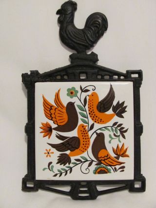 Vintage Rooster Bird Retro Cast Iron Tile Trivet Cathay Tile Hot Plate Wall Art