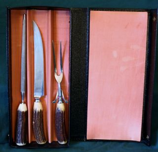 Vintage 3pc.  Lamson & Goodnow Stag Handle Carving Set W Case