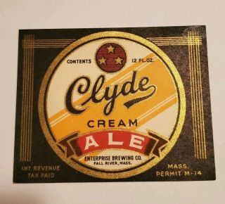 Irtp U Permit Clyde Cream Ale Beer Label.  Enterprise Brewing.  Fall River,  Ma