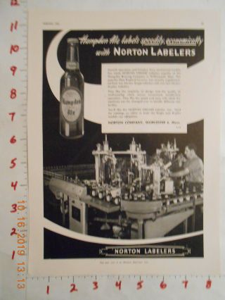 1951 Hampden Brewing Co Ale Beer Trade Ad Willimansett Ma Mass Norton Labelers