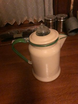 Vintage Enamel Ware Coffee Pot Tan And Green Handle With Glass Gardella Lid