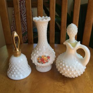 Avon Hobnail Milk Glass Perfume Bottles Bell Bud Vase Collectibles 1973