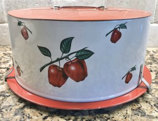Vintage Decorware Metal Cake/pie Tin Carrier,  White & Red With Apple Design