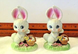 2 Adorable Vintage Lefton Porcelain Easter Bunny Rabbit Figurines Basket Chick