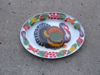 Vintage Porcelain Enamelware Enamel Turkey Platter/tray Thanksgiving