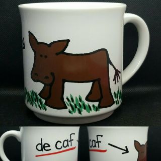 De Caf Coffee Mug Cup 12oz Calf Cow Humor Vintage Recycled Paper Products Japan
