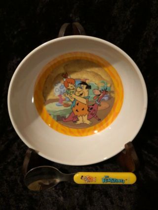1993 Hanna - Barbera “the Flintstones” Fred Pebbles & Dino Childs Bowl & Spoon