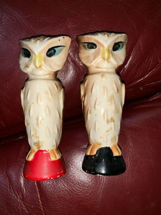 Vintage 5” Owl Salt And Pepper Shakers With Corks