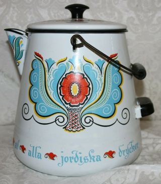 Vintage Berggren Swedish Folk Art Enamelware Coffee Pot With Hanging Handle Ex,