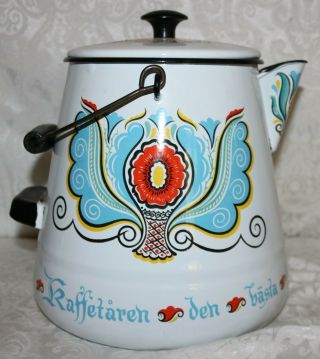 Vintage Berggren Swedish Folk Art Enamelware Coffee Pot with Hanging Handle EX, 3