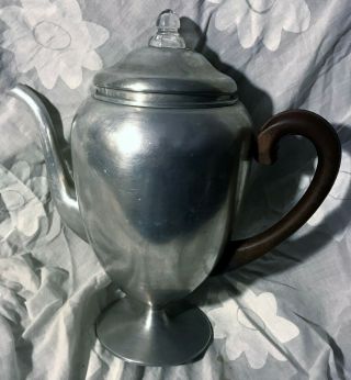 Vintage Art Deco Style Mirro 9 Cup Aluminum Coffee Pot Wood Handle