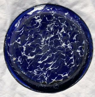 Antique Vintage Cobalt Blue & White Swirl 10” Dia.  Graniteware Enamelware Pie Pan
