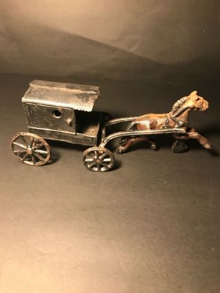 Vintage Cast Iron Metal Amish Horse Drawn Carriage Buggy Wagon 2
