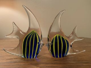 Blown Glass Angel Fish Paperweights Figurines Clear Blue Yellow