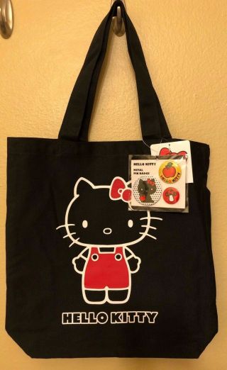 Nwt Sanrio Hello Kitty Black 35th Anniversary Canvas Tote Bag With 3 Pins