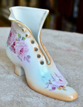 Vintage R & S Prussia Porcelain Victorian Boot Shoe - Hand Painted Roses