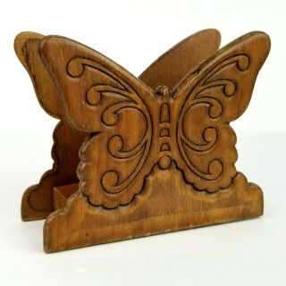 Vtg Carved Wooden Butterfly Shaped Napkin Holder Mail Organizer Dark Brown Boho