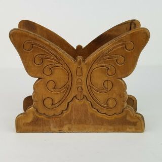 VTG Carved Wooden Butterfly Shaped Napkin Holder Mail Organizer Dark Brown Boho 3