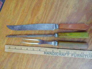 Vintage Carving Set Knife Fork Sharpener Bakelite Handle Green Orange Unusual