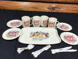 Vintage Mickey Mouse Club Child Dish Set 21 Pc Tray Cups Saucers Silverware