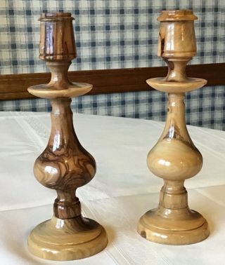 Vintage Pair Hand Turned Wood Candlesticks Candle Holders