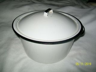 Vintage White Enamelware Stock Pot With Lid Black White