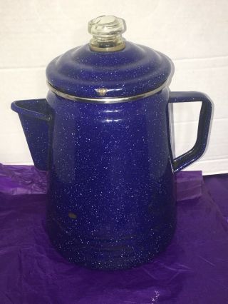 Vintage Blue Speckled Enamelware Coffee Pot With Glass Knob Lid