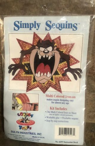 Vtg Simply Sequins Tazmanian Devil Looney Tunes Iron On Transfer Kit By Sulyn