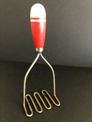 Vintage Red With White Painted Wooden Handle Potato Masher