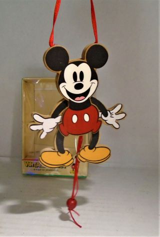Vintage Disney Wooden Mickey Mouse Pull Puppet Kurt Adler Ornament Nos W/box