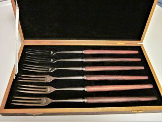 Vintage 6 Wood Handle Stainless Steel Fondue Forks In Wooden Box Japan