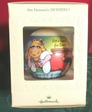 1981 Hallmark Kermit Frog Miss Piggy Satin Ball Christmas Ornament Muppets
