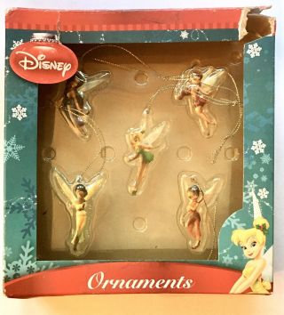 Disney Tinker Bell Fairies Christmas Ornaments Small Glittered Set Of 5 Boxed