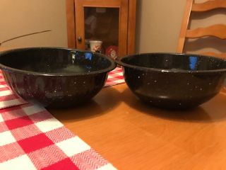 2 Vintage Black Speckled 6.  5” Soup Or Cereal Enamel Ware Bowls.